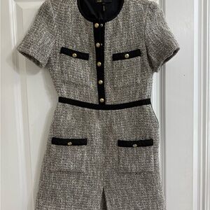 Elegant Tweed Short-Sleeve Dress with Black Trim